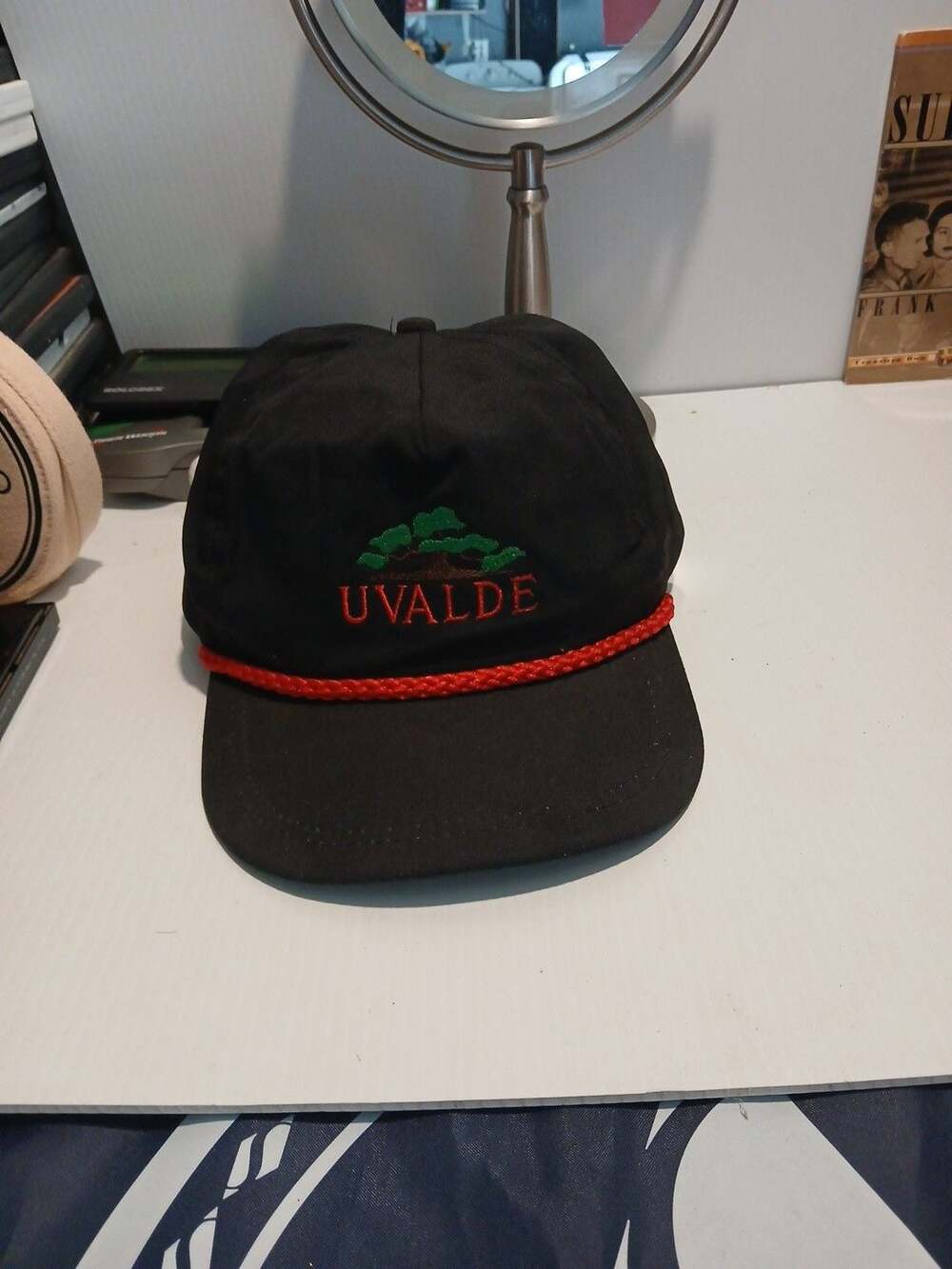 Uvalde Embroidered Tree Black Rope Strapback Hat Cap
